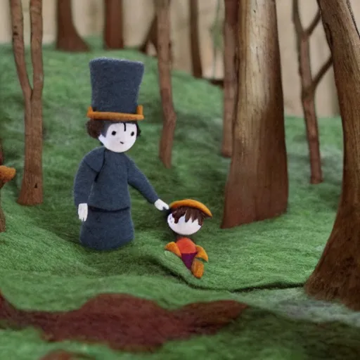 Prompt: Over the Garden Wall, greg and wirt are lost in the forest, scene made of felt and wool, claymation