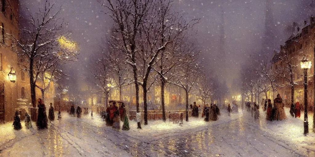 Prompt: an alley in paris in winter, snowing, christmas night, 1 9 1 0, by thomas kinkade