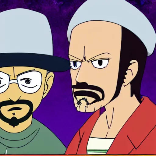 Image similar to walter white smoking a joint with jesse pinkman, in One Piece Anime Series, 4k Resolution.