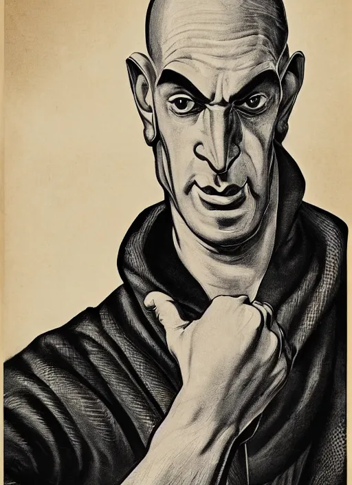 Image similar to portrait of glamorous bald medieval man with big nose and annoyed gesture,look of hate, threatening pose, 1940s propaganda poster, full hd,highly detailed