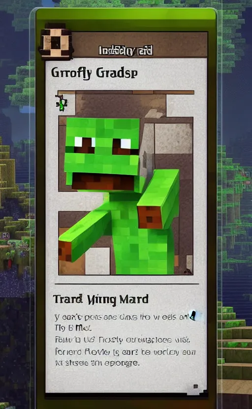 Image similar to mtg card trading, fantasy mtg card of Minecraft creeper, screenshot,4K HD