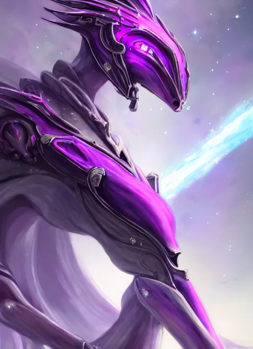 Image similar to cinematic close shot, galactic sized goddess, proportional stunning beautiful hot female warframe, sleek mecha female dragon head, metal ears, led purple eyes, smooth fuschia skin, sleek silver armor, floating in space, holding a galaxy, epic proportions, epic size, epic scale, furry art, dragon art, giantess art, warframe fanart, furaffinity, octane