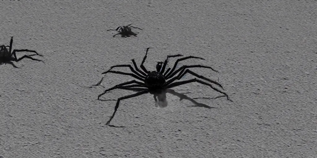 Prompt: giant spider alien chasing a group of soldiers like the film stargate on a desert world, telephoto shot, mid day, heat shimmering.