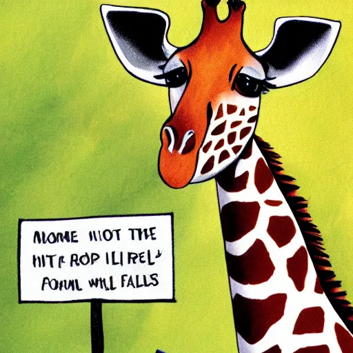 Image similar to giraffe falls for a scam, children's book illustration