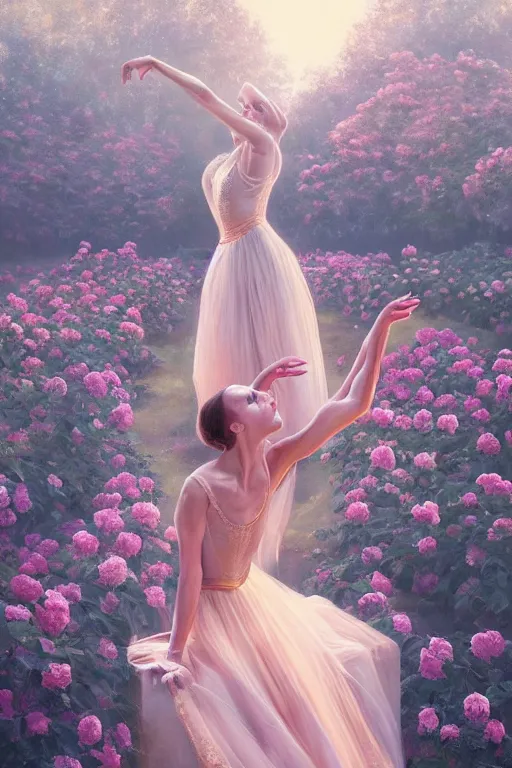 Image similar to stunningly beautiful, prima ballerina in rose garden, symmetrical face, golden hour, smooth, focus, highly detailed, hyper realistic, dramatic lighting, elegant, intricate, concept art, art by wlop, mars ravelo, greg rutowski, artstation