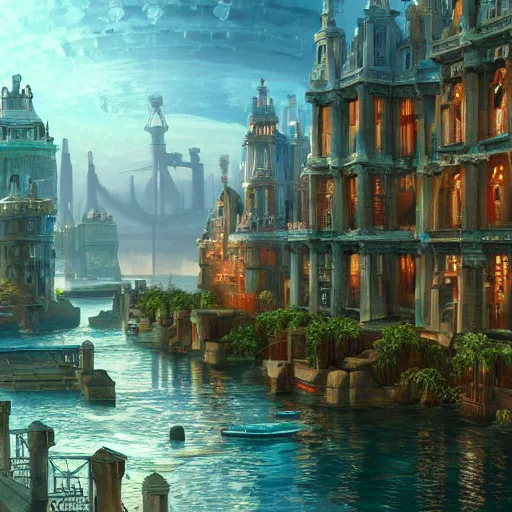 Prompt: Atlantis city canals oil painting sea baroque artstation octane render cinematic realism