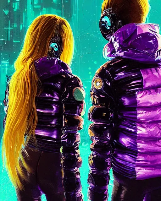 Image similar to detailed portrait neon guard girl with long blond hair and her boy friend very short brown hair, seen from the back, cyberpunk futuristic, reflective puffer jacket, black leggings, made of iridescent metals and shiny purple gems by ismail inceoglu dragan bibin hans thoma, perfect face, fine details, realistic shaded, fine - face, pretty face