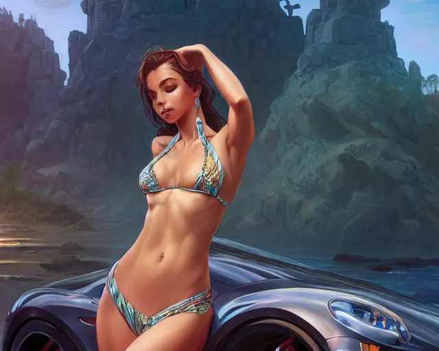 Prompt: a bikini model looking at her car, deep focus, d & d, fantasy, intricate, elegant, highly detailed, digital painting, artstation, concept art, matte, sharp focus, illustration, hearthstone, art by artgerm and greg rutkowski and alphonse mucha
