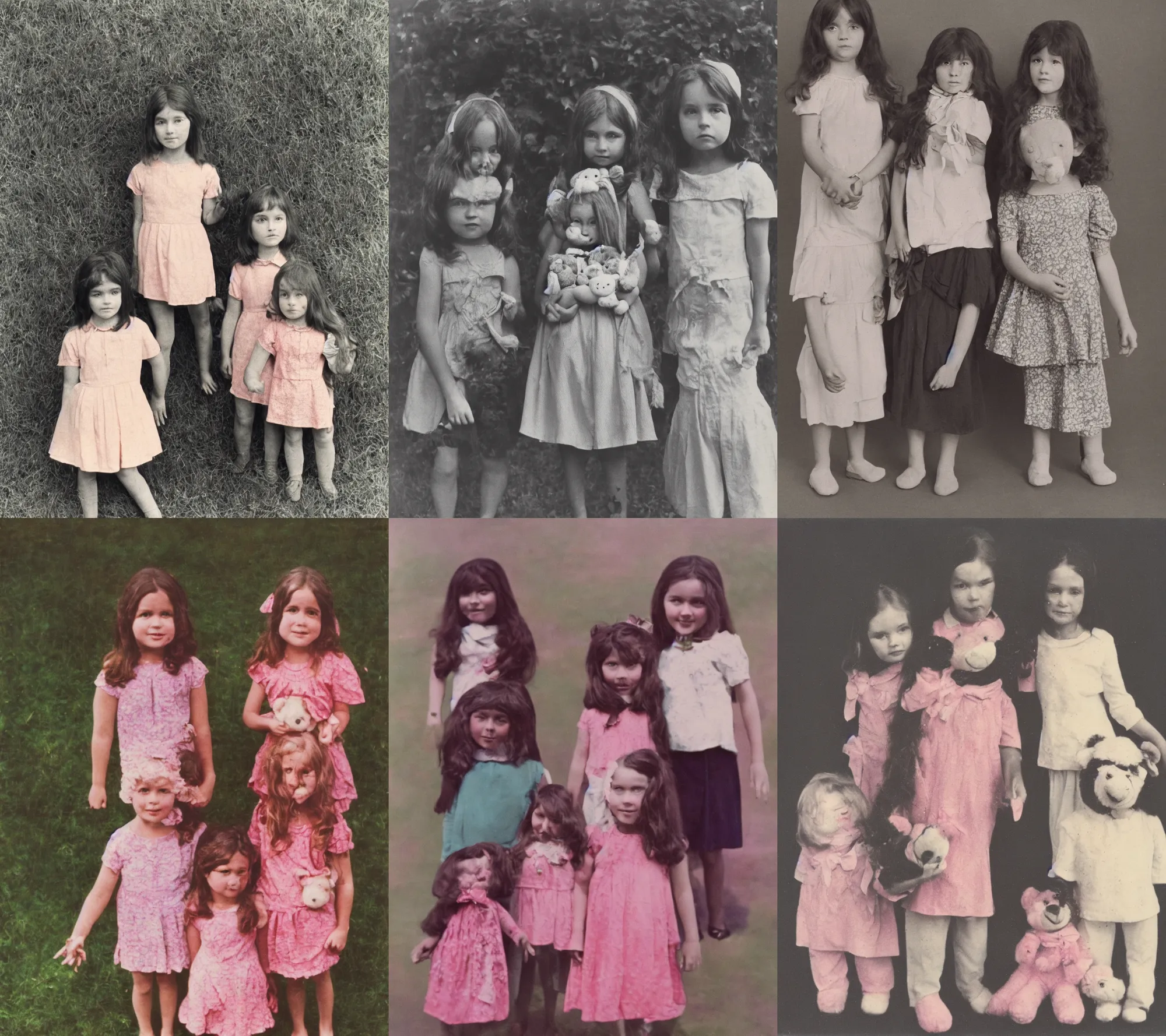 Prompt: by Irene and Laurette Patten american barbizon school flickr a colorized photo 1970s photo taken with provia photo taken with ektachrome two little girls standing next to each other holding teddy bears