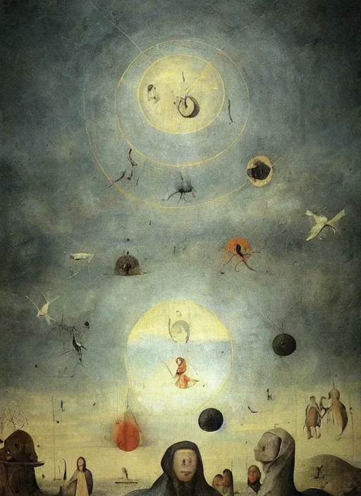 Prompt: disc-like floating objects in the sky painted by hieronymus bosch, detailed digital art, trending on Artstation