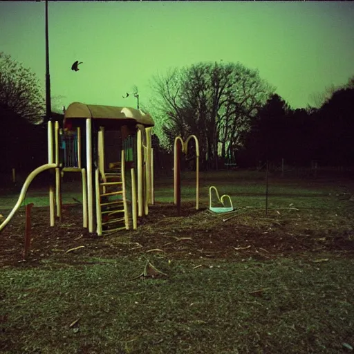 Image similar to an eerie photo of an abandoned children's playground from the 1 9 9 0 s at night, disposable film