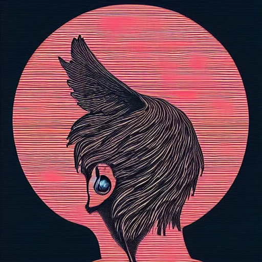 Image similar to stipple shaded illustration of a bird flying into a human ear, by ilya kuvshinov, anatomy book, retro flat colors, retrofuturism