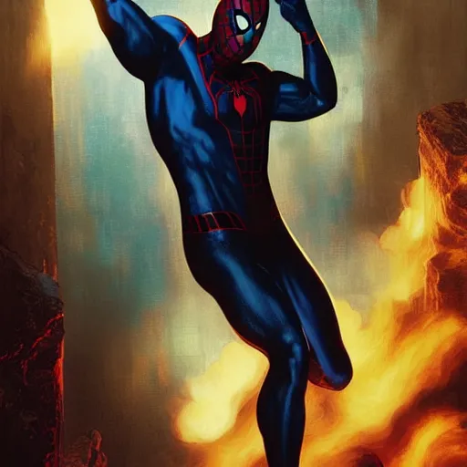 Image similar to ryan reynolds as a black and blue suit spider - man, cinematic, volumetric lighting, f 8 aperture, cinematic eastman 5 3 8 4 film, photorealistic by greg rutkowski, by stanley artgerm, by alphonse mucha