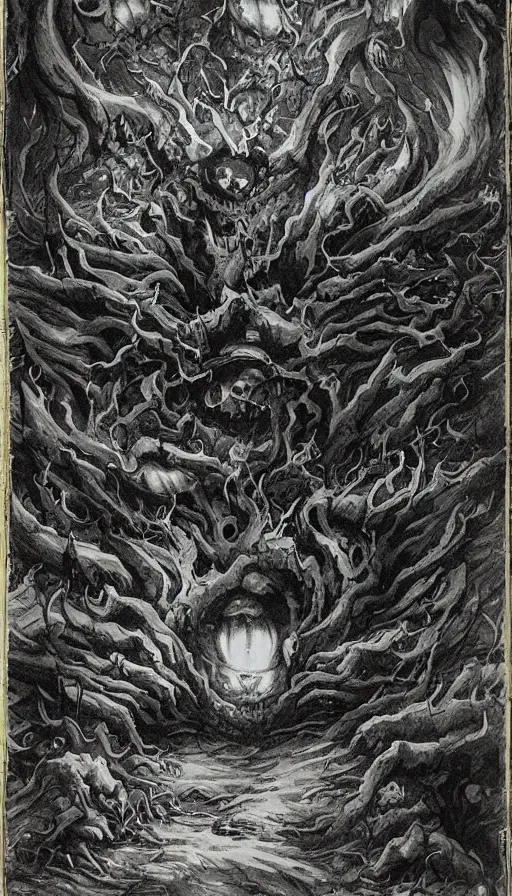 Image similar to a storm vortex made of many demonic eyes and teeth over a forest, by qian xuan