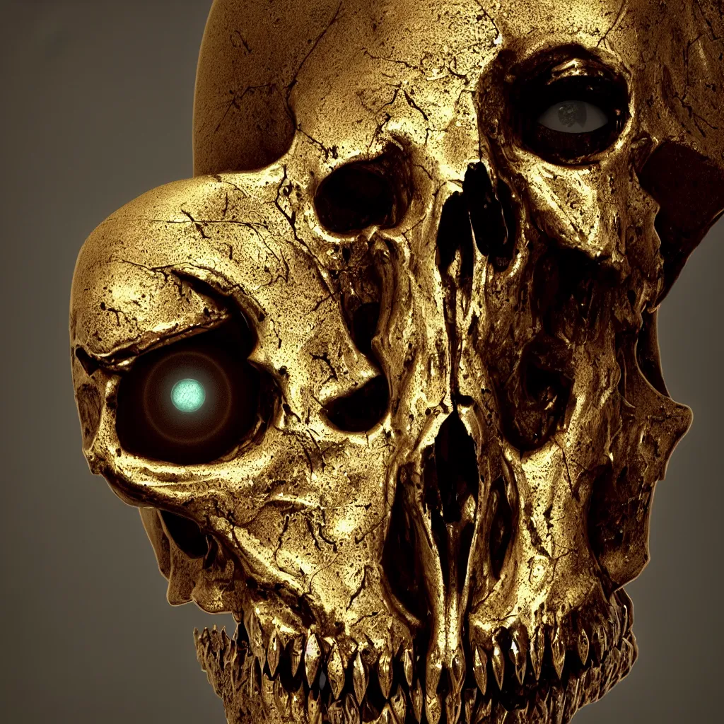 Prompt: Photorealistic epic egyptian god face close up portrait human skull, ram skull, jackal skull, gold, gemstones, gems, jewels, light beams, lens flare. ominous, ancient magic, scary intricate artwork by Tooth Wu and beeple and Jake Baddeley. octane render, trending on artstation, greg rutkowski very coherent symmetrical artwork. cinematic, hyper realism, high detail, octane render, 8k