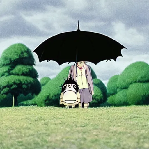 Prompt: A screenshot from the My Neighbor Totoro remake as a film noir in the style of Magritte