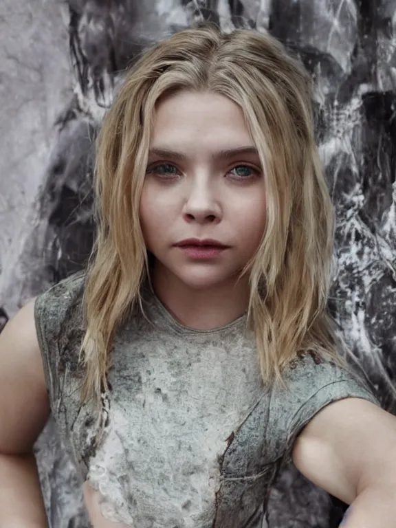 Image similar to hyperdetailed close shot of chloe grace moretz, winds of winter, with ripped crop t - shirt, fine - face, pretty face