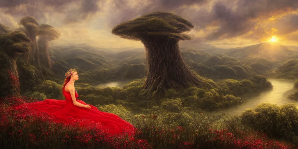 Prompt: an elegant fairy queen in a red lace dress sitting and looking out at a lord of the rings scenery landscape, vast lush valley flowers and giant mushroom structures, river, sunrise, god's rays highly detailed, vivid colour, soft clouds, floral sunset, cinematic lighting, perfect composition, 8 k, gustave dore, derek zabrocki, greg rutkowski, belsinski