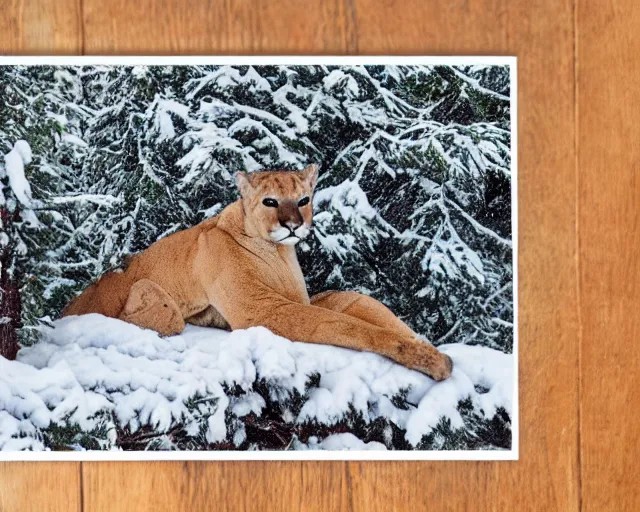 Prompt: postcard showing 'a cougar sleeping in the middle of snowy pine tree' laying on coffee table with stamp and damaged due to age, zoomed out shot, HD, iphone capture