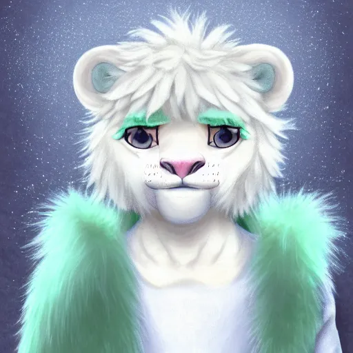 Image similar to aesthetic portrait commission of a albino male furry anthro lion wearing a cute mint colored cozy soft pastel winter outfit, winter atmosphere. character design by chunie