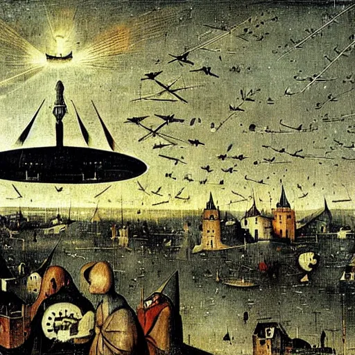 Image similar to ufo fleet over a 1 7 th century european town at night with light beams levitating people in their pajamas painting by hieronymus bosch