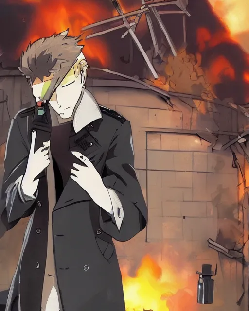 Image similar to a fox in a black trench - coat, smoking a cigarette in front of a huge explosion in the middle of a war, style of anime