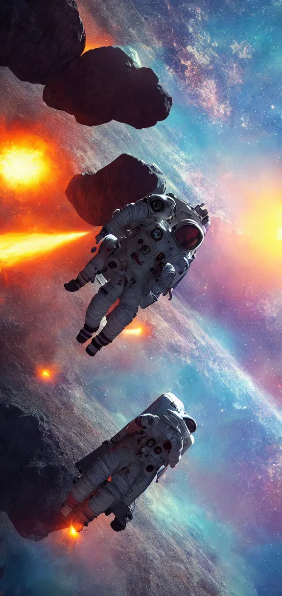 Prompt: photo of 8k ultra realistic astronaut riding an asteroid, nasa, clear sky, full of colour, cinematic lighting, battered, trending on artstation, 4k, hyperrealistic, focused, extreme details,unreal engine 5, cinematic, masterpiece, art by John Harris