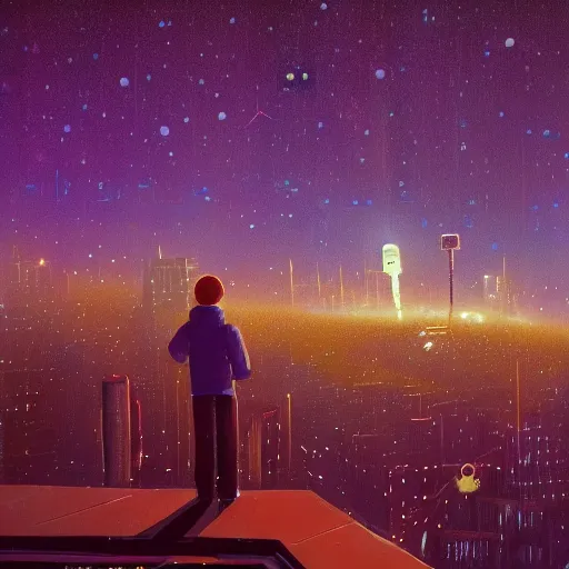 Image similar to a kid in a big city, on a rooftop, watches a beautiful night full of stars and tech buildings, from a by paul lehr