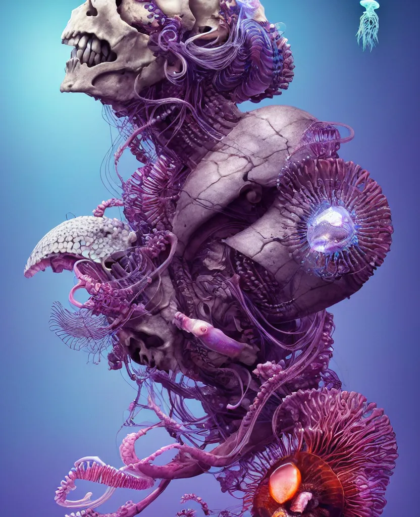 Image similar to goddess close-up portrait ram skull, thorax, x-ray, backbone, jellyfish phoenix head, nautilus, orchid, skull, betta fish, bioluminiscent creatures, intricate artwork by Tooth Wu and wlop and beeple. octane render, trending on artstation, greg rutkowski very coherent symmetrical artwork. cinematic, hyper realism, high detail, octane render, 8k