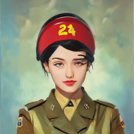 Image similar to oil paining of twentytwo year old female character with cat ears wearing soviet era uniform, wearing a tshirt with a face of karl marx on it, in the style of krenz cushart