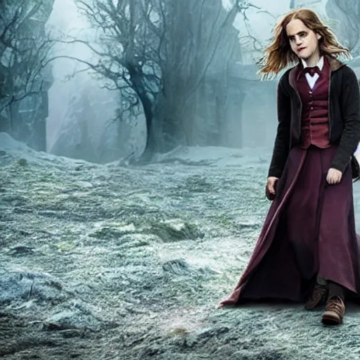 Prompt: Still of Emma Watson as Hermione Granger. Wearing Yule Ball dress. Prisoner of Azkaban. Extremely detailed. Beautiful. 4K. Award winning.