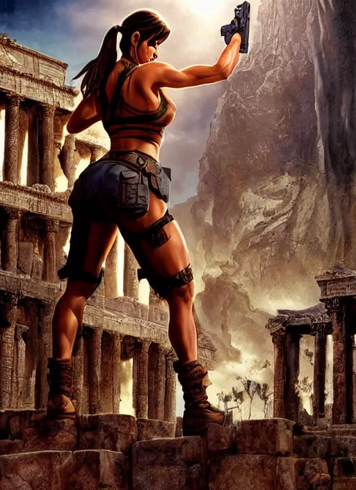 Prompt: portrait of a concentrated young Sandra Bullock as muscled Lara Croft stepping out epic ancient ruins, sun beams, epic, intricate, elegant, highly detailed, digital painting, illustration, Boris Villejo, Julie Bell, Rowena Morrill, Patrick Jones, Keith Parkinson, Brom, Donato, Stephen Hickman, Don Maitz, Greg Hildebrandt