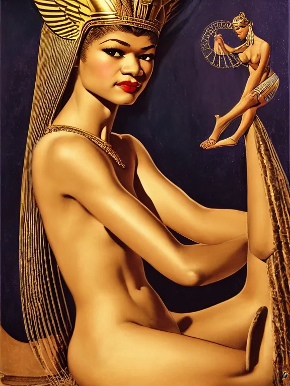 Image similar to zendaya as the Egyptian goddess Venus, a beautiful art nouveau portrait by Gil elvgren, Nile river water garden , centered composition, defined features, golden ratio, gold jewelry