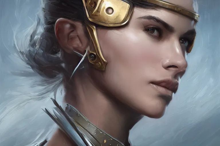 Image similar to a full-face portrait of an attractive young woman, clothed in battle armor, olive skin, long dark hair, beautiful bone structure, symmetrical facial features, intricate, elegant, highly detailed, digital painting, trending on Artstation, concept art, smooth, sharp focus, illustration, from Metal Gear by Ruan Jia and Mandy Jurgens and Artgerm and and william-adolphe bouguerea, award winning