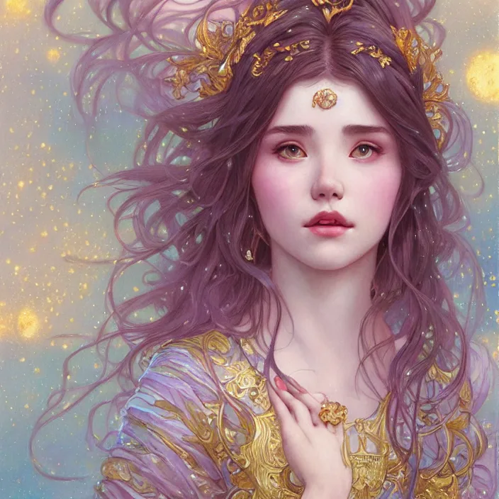 Image similar to iu close up, highly detailed, gold filigree, romantic storybook fantasy, soft cinematic lighting, award, disney concept art watercolor illustration by mandy jurgens and alphonse mucha and alena aenami, pastel color palette, featured on artstation