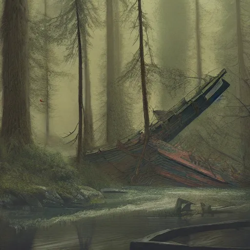 Image similar to an old big shipwreck in an autumn forest, green and red tones, by Aron Wiesenfeld and beksincki, cinematic, detailed illustration, nature, fog, dark colors, suspense, intricate, 8k