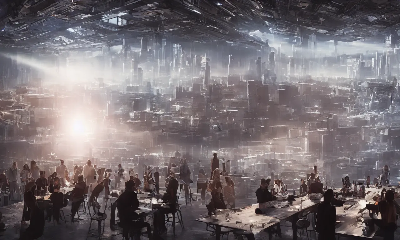 Image similar to cinematic concept, located in empty industrial warehouse with sunlight streaming through the windows, a large table in the middle of the frame that takes up a lot of space, a group of people standing around the table, on top of the table is a large hologram of a city futuristic city, some people are wearing virtual reality headsets in the foreground