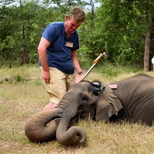 Prompt: a vet putting an elephant to sleep with a shotgun