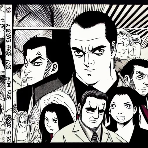 Image similar to The Sopranos created by Kishimoto pen and ink Manga panel action sequence