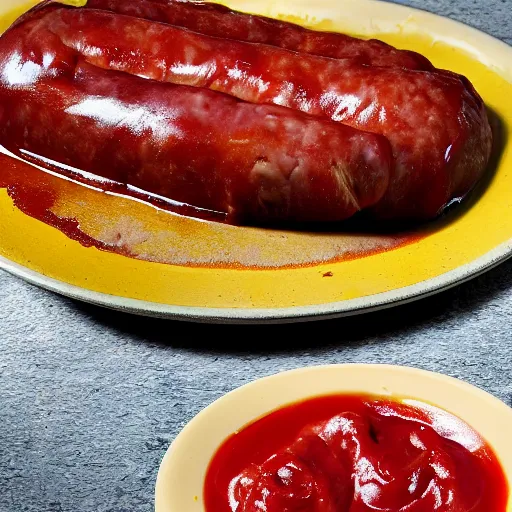 Image similar to a pork made of sausages wallowing in ketchup and mustard