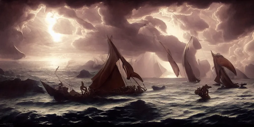 Prompt: Odysseus's ship sailing past the island of the sirens, by Rolf Armstrong and Evelyn De Morgan and Bastien Lecouffe-Deharme, dramatic lighting, high contrast colors, baroque, empyrean, panoramic view, as trending on Artstation, highly detailed, doom engine,