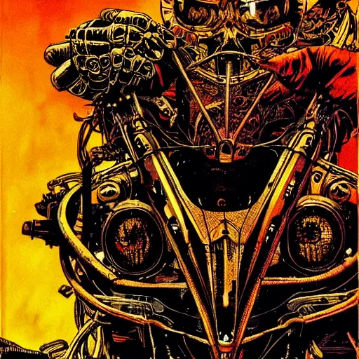 Image similar to infernal motorbiker, atmospheric lighting, painted, intricate, golden hour, ultra detailed by philippe druillet