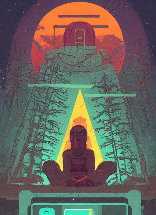 Prompt: an indie game poster of a translucent cyberpunk explorer meditating in front of a giant decaying robot head, dense forest, midnight, risograph by ghostshrimp, kawase hasui, josan gonzalez, jean giraud, moebius, colourful flat surreal design, in the style of oxenfree, super detailed, a lot of tiny details