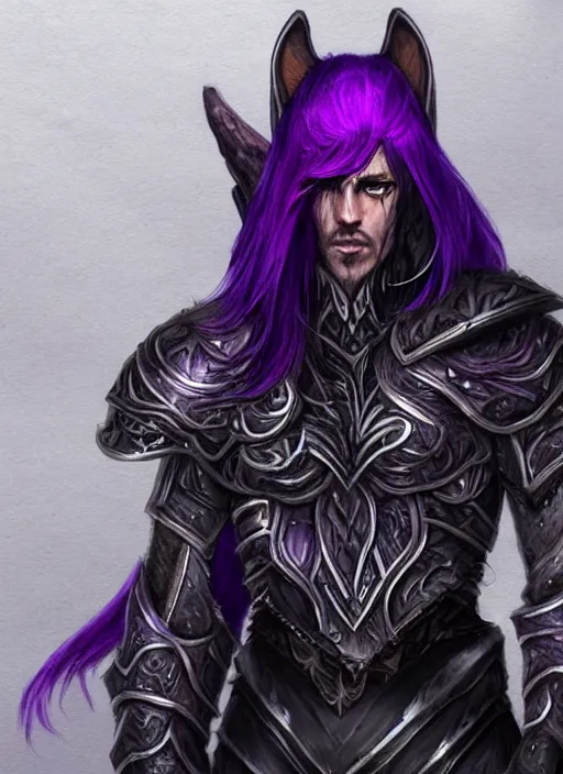 Prompt: Half-body portrait of a seasoned muscular elven warrior in black and purple armour and wolf skin. In style of Hyung-tae Kim, concept art, trending on ArtStation, Korean MMORPG.