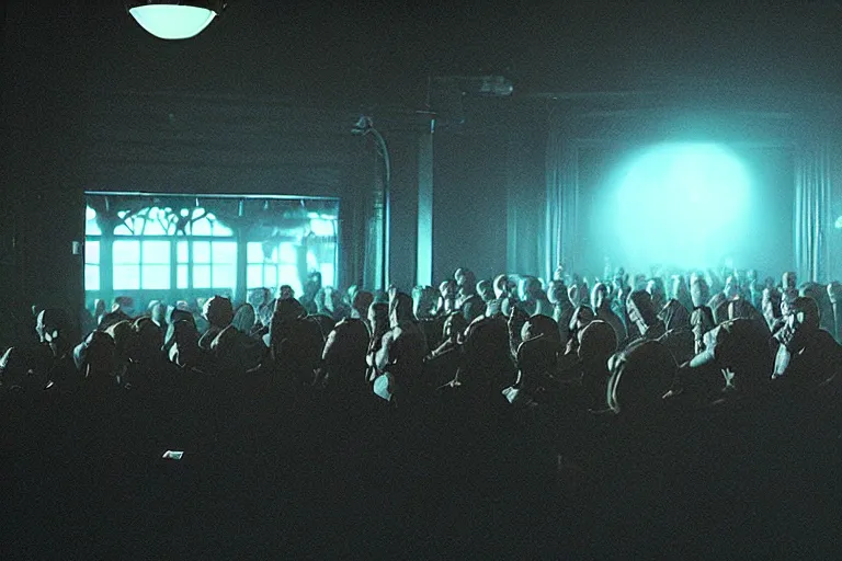 Image similar to a dark conference hall, people cheering at the man on stage, atmospheric and obscure, red neon light, by roger deakins, cinematography, syd mead, dave mckean