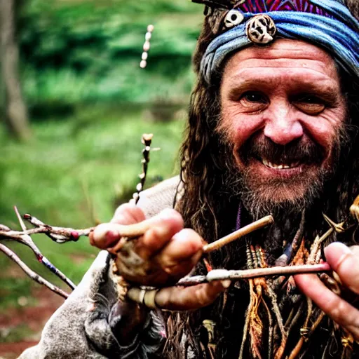 Image similar to hippie tribal hobo witch doctor wearing twigs and leaves smiling sheepishly, campfire, bong, water pipe, highly detailed, dramatic lighting, night time, cinematic, hyperrealistic, detailed, movie still from game of thrones