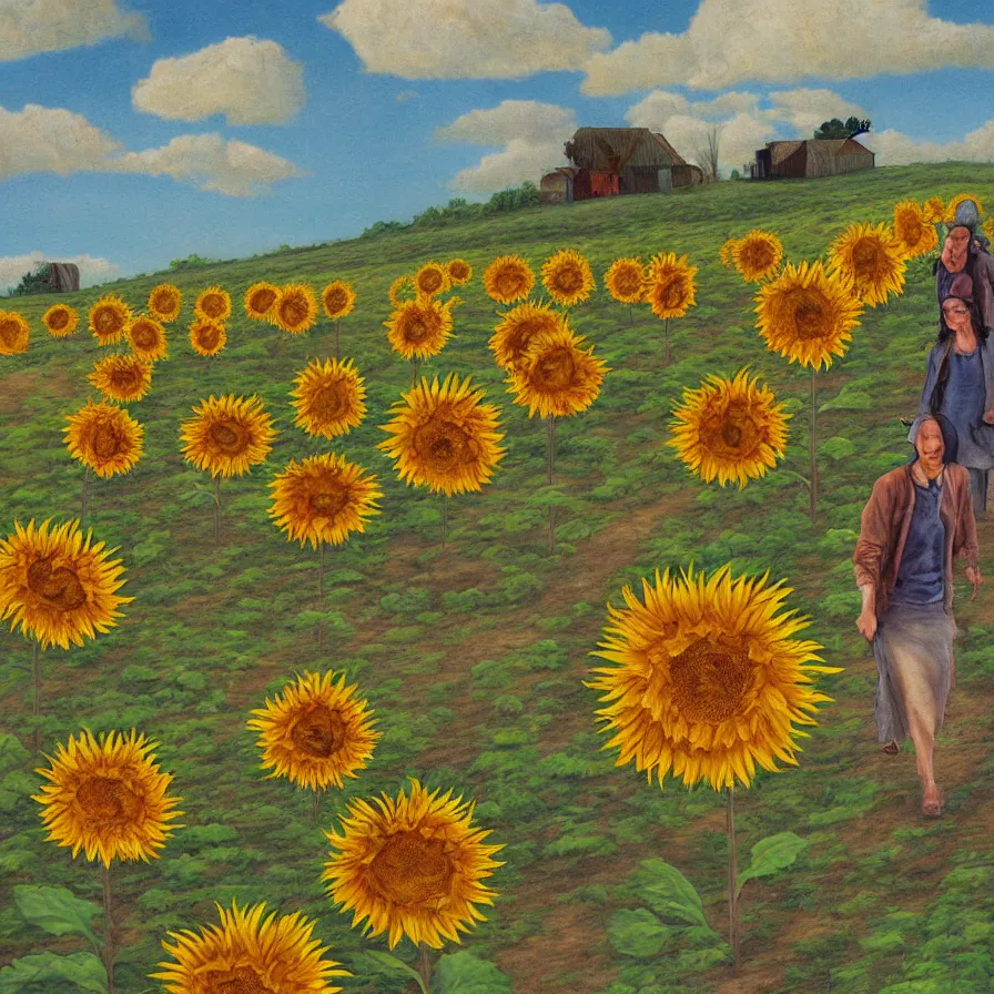 Image similar to Artwork illustrating sentient walking sunflowers walking deserted farm fields in a surrealist style.