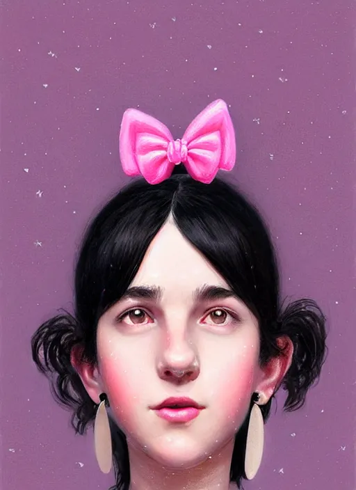 Image similar to portrait of teenage girl, realistic, black hair, bangs, half updo hairstyle, pointy nose, skinny, smile, ugly, defined jawline, big chin, pink hair bow, earrings, intricate, elegant, glowing lights, highly detailed, digital painting, artstation, sharp focus, illustration, art by wlop, mars ravelo and greg rutkowski