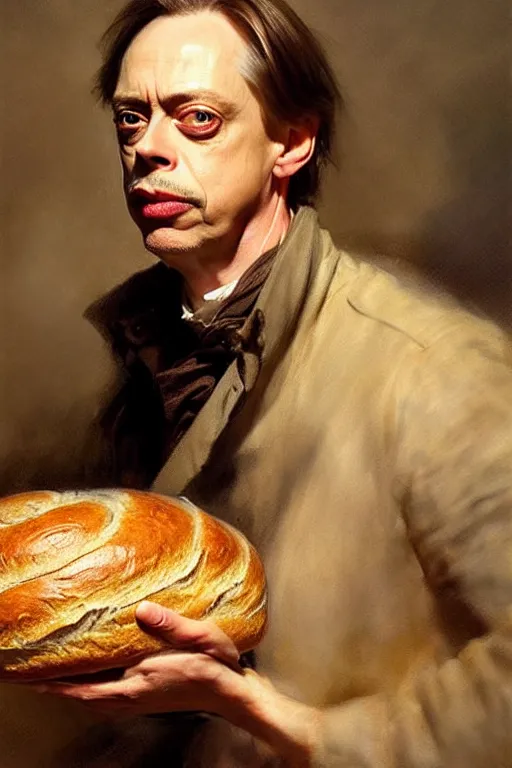 Image similar to beautiful portrait half steve buscemi wearing a loaf of sourdough bread, art by anders zorn, wonderful masterpiece by greg rutkowski, beautiful cinematic light, american romanticism thomas lawrence, greg rutkowski