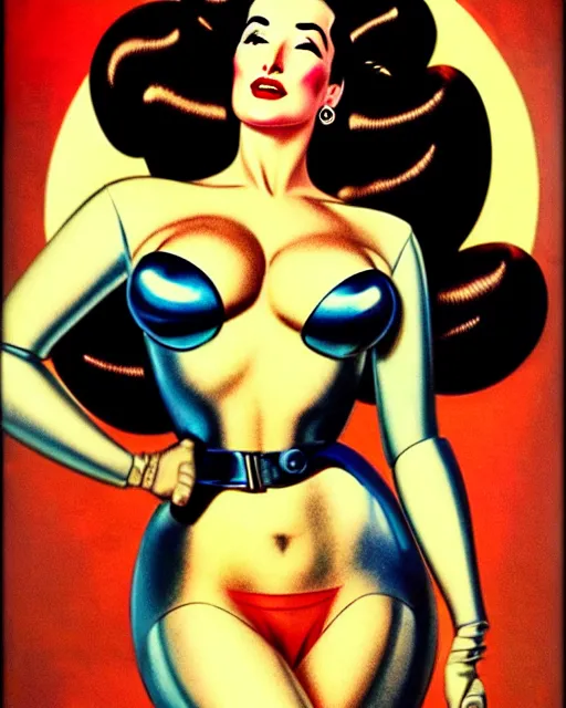 Image similar to closeup beautiful retro space dita von teese posing with a chrome robot in dieselpunk city at night, pinup, windblown dark hair, seductive, hyper detailed, digital art, smooth, sharp focus, luis royo, gil elvgren, alberto vargas, 1 9 5 0, when mars attacks